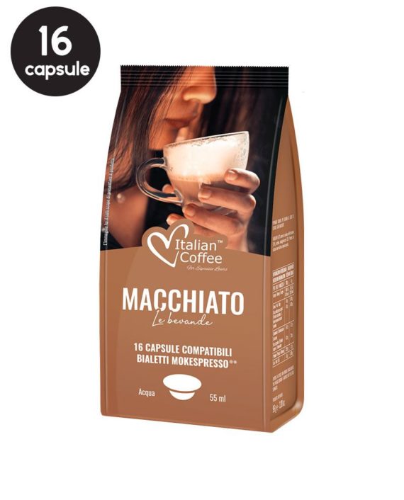 16 Capsule Italian Coffee Caffe Macchiato - Compatibile Bialetti Mokespresso
